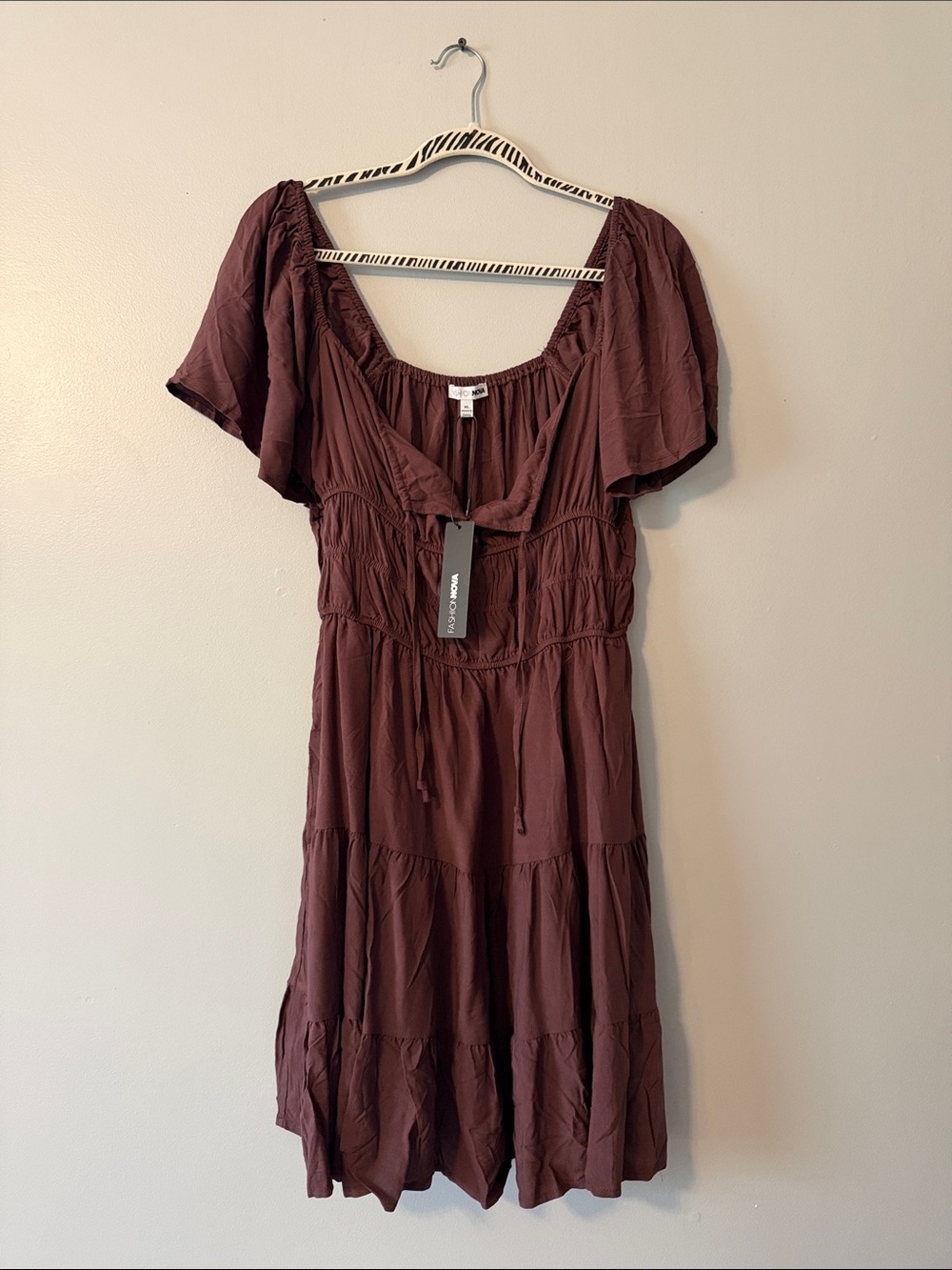 Fashion Nova chocolate brown Tiered Mini Dress with Flutter Sleeves